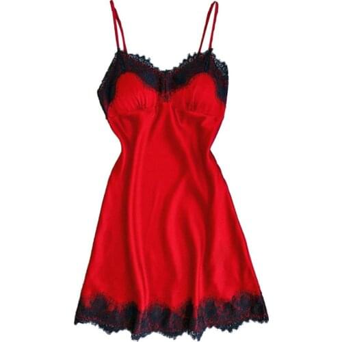 Сексуальное белье 2019 Sexy Women Silky Sleepwear Solid Color Lace Patchwork Nightdress V Neck Spaghetti Strap Female Fashion Su