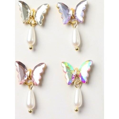 4pc 3D Aurora Crystal Butterfly Nail Rhinestones with Pearl Pendant Elegant Nail Art Decorations Gel Polish Manicure Accessories