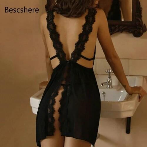 BESCSHERE Womens Sleepwear V-Neck Sexy Nightdress Casual Nightgown Comfortable Lace Pajama Black White Bifurcation Nightwear