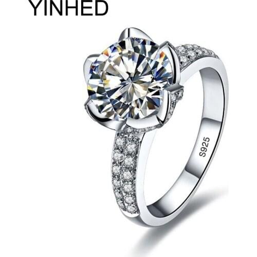 YINHED Brand Exquisite Flower Wedding Ring 925 Silver Ring 3 Carat CZ Diamant Engagement Rings for Women Stamped S925 ZR120