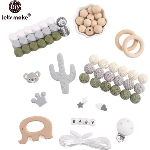 Lets make Beech Wooden Animals Elephant Chew Silicone Beads Set DIY Nursing Bracelets Wood Rings Handmade Accessories Teethers