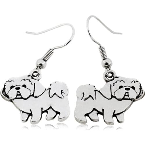 Fei Ye Paws Vintage Silver Color Shih Tzu Dog Charms Drop Earrings Big Statement Long Animal Dangle Earrings For Women Men