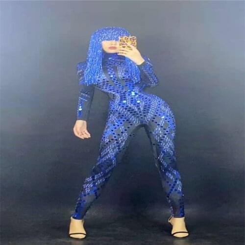 H143 Jumpsuit Sequins Diamond Mirrors Long Sleeves Sexy Singer Pole Dancer Colorful Uniform Elastic Stretched Catwalk Tight Show