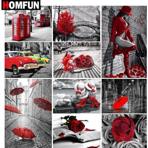 HOMFUN Full Drill Diamond Painting "Red umbrella rose flower" DIY Picture Of Rhinestone 5D Diamond Embroidery Cross Stitch Decor