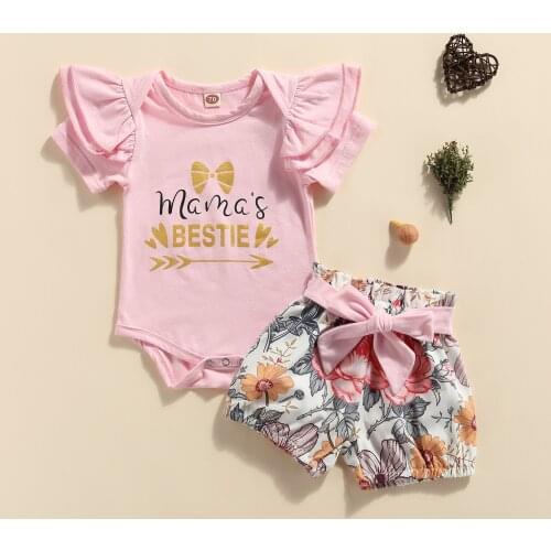 Newborn Baby Girls Clothes 2PCS Summer Outfits, Short Fly Sleeve Letter Print Bodysuit +Flower Print Belted Shorts Set 0-24M