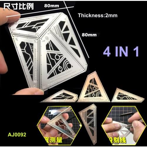 AJ0092 Stainless Steel Fixed Angle Measurement Armor Edge Marking Auxiliary Ruler 4 In1 Gundam Model Tool