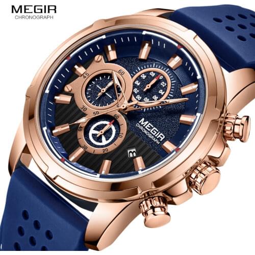 MEGIR Quartz Watches Men Silicone Strap Chronograph Wristwatch Man Relogios Masculinos Top Brand Luxury Clock Boy 2101 ROSE BLUE
