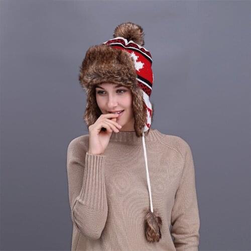 MingJieBiHuo Outdoor autumn and winter new fashion warm thick Simple wild Maple Leaf Print knit hat women girls Bomber Hats