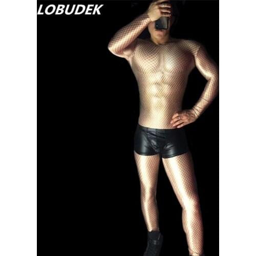 Nightclub Male DJ Singer Party Costume Bar Dancer Pole Dancing Performance Stage Wear Red Black Mesh Printed Stretch Jumpsuit