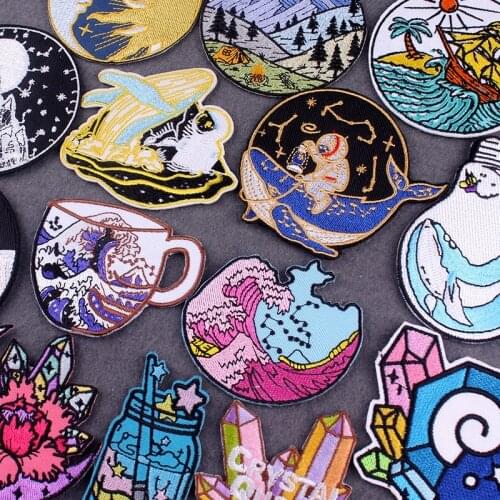 Sea Wave Patch Iron On Patches For Clothing Embroidered Patch Whale Patches On Clothes Stripes DIY Natural Clothing Patches