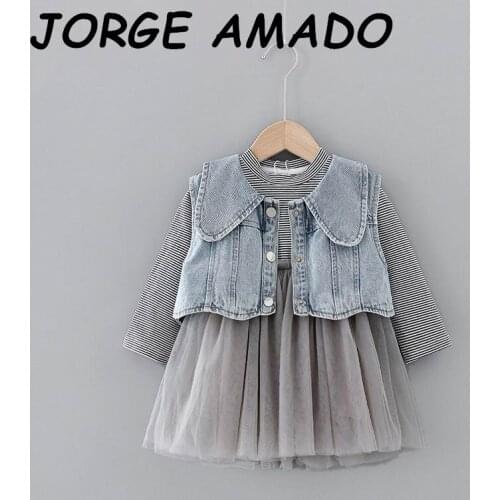 Girls Dress Stripe Gauze Long Sleeve Dress+Denim Vest 2pcs Set fashion Clothing Sets Kids Clothes 1-5T E20141