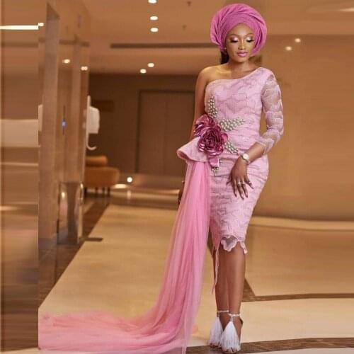 Blush Pink Evening Gowns For Women Flowers Beads Side Train 3/4 Long Sleeves Aso Ebi Prom Dress One Shoulder Lace Party Dress