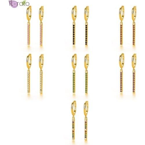 925 Sterling Silver Ear Buckle Rainbow Zircon Small Hoop Earrings for Women White/Green/pink/purple/black CZ Strip Earrings