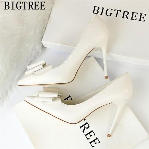 Dress Shoes Women Butterfly-knot Fetish High Heels Bigtree Shoes Sweet Pups Black Heels Plus Size Shoes Women Luxury Heels Buty