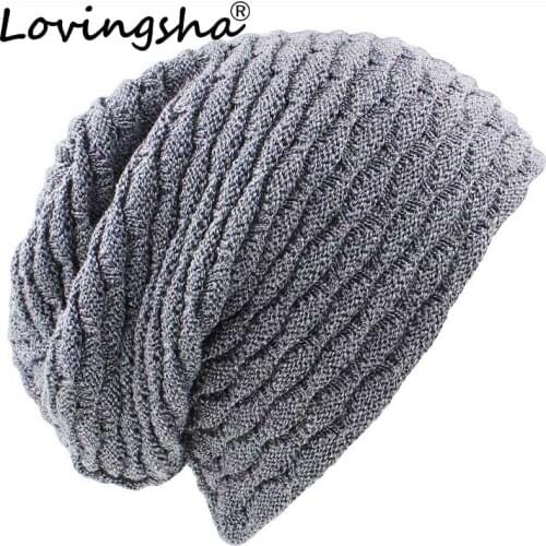 LOVINGSHA Striped Design Men Baggy Knitted Knit Skullies Bonnet Winter Warm Hats For Girl Beanie Women Faux Fur Winter Hat Caps