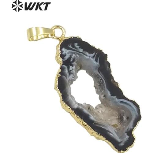 WT-P096 Wholesale Natural slice stone geode pendant 24k gold dipped black slice stone pendant