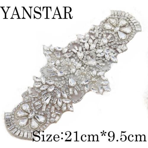 YANSTAR(30PCS) Handmade Bridal Rhinestones Appliques Accessory 21.5*9.5CM Rose Gold Crystal Iron On Wedding Dress YS701
