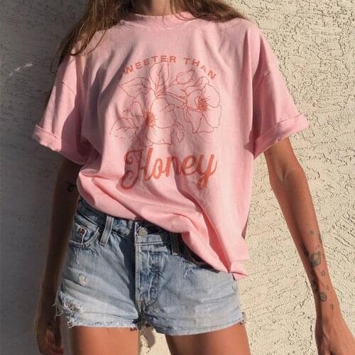 Sweeter Than Honey Flower Letter Print Female Tshirt Pink Cotton Loose Short Sleeve Casual Tops Round Neck Graphic Vintage Tees