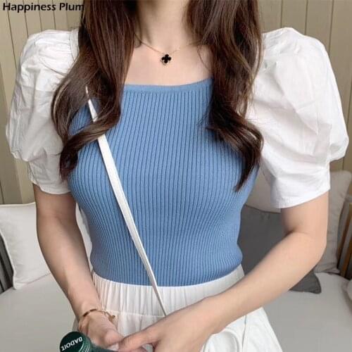 New Women Elegant Cotton Puff Sleeve Patchwork Knitted Casual Knitwear Blouse Ladies Chic Square Collar Short Sleeve Shirt Tops