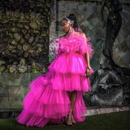 Chic Summer Fuchsia Puffy Tiered High Low Ruffles Tulle Skirts Long Tutu Skirt Women Elastic Custom Made Female Skirt New