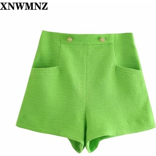 XNWMNZ Women Green Fashion textured bermudas with buttons Female high-waist bermuda invisible side zip shorts Chic short pants