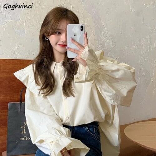 Women Shirts Solid Peter Pan Collar Fungus Sweet Student Korean Style Medium-long Loose Shirt Women Spring Stylish Simple Tops