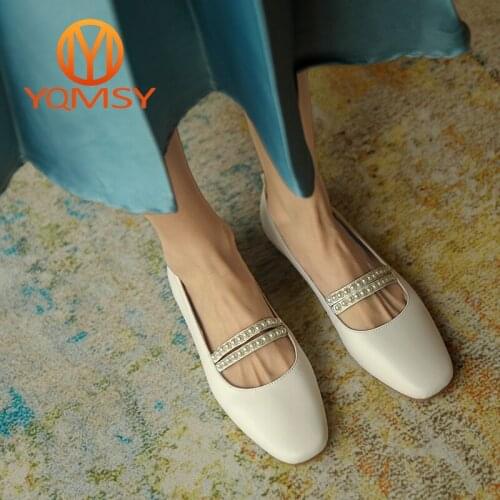 YQMSY Comfortable Flats Shoes Women Cowhide Square Toe String Bead Slip-On Flats Spring/Autumn Office Asakuchi Lady Shoes AS76