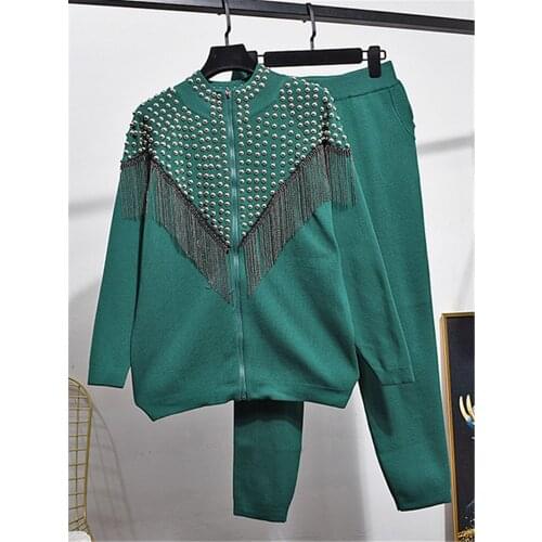 2021 Autumn Two Piece Set Women Outfits Fashion Tassel Beading Long Sleeve Knitted Cardigan Jacket + Casual Pants Ladies H968