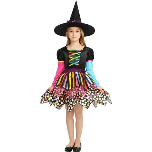 Hot Sale Halloween Vampire Costume Girl Color Witch Color Dot Witch Stage Performance Costume Horror Masquerade Pink Cat Ears