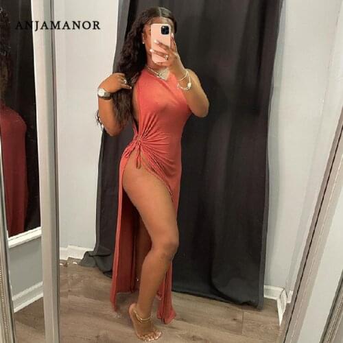 ANJAMANOR Sexy Hollow Out High Split Maxi Dresses for Women 2021 Party Night Club Outfits Wholesale Items for Business D52-DZ37