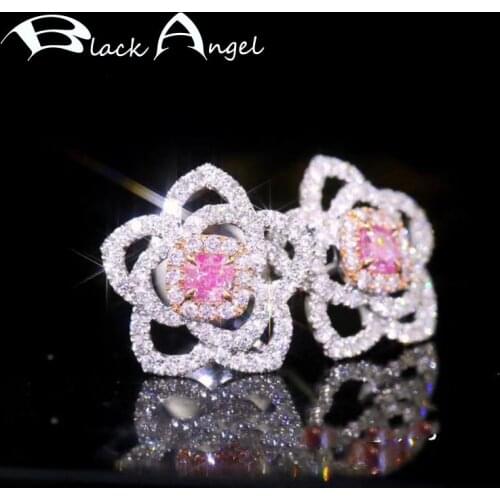 BLACK ANGEL Elegant Flowers Petal Inset Luxury Pink Crystal Gemstone 925 Sterling Silver Stud Earrings for Women Wedding Jewelry