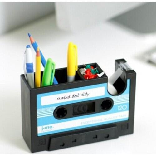 Pen Pencil Holder Cassette Tape Storage Box Pasteable Ruler Organizer With Tape Dispenser Office Desktop Stationery Accessories