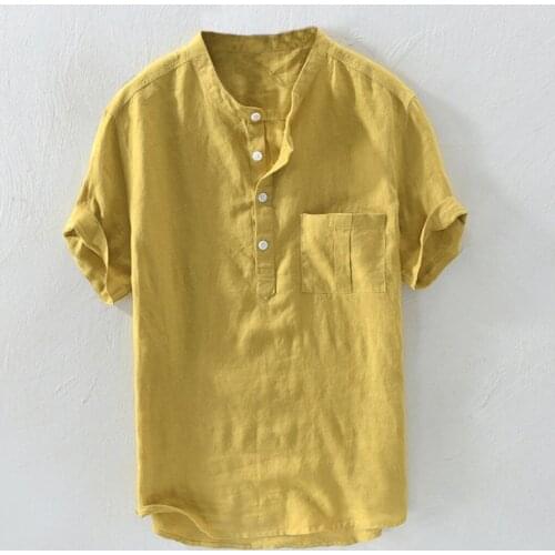 Mens Summer New Pure Cotton Hemp Button Short Sleeves Fashion Large T-shirts Top 2021 Fashion Shirts For Men Plus Size Tops