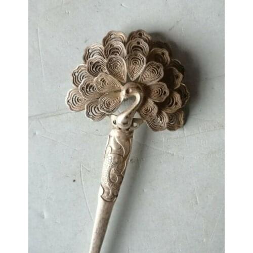 Chinese old Tibet silver Gemstone inlay Carving peacock Hairpin