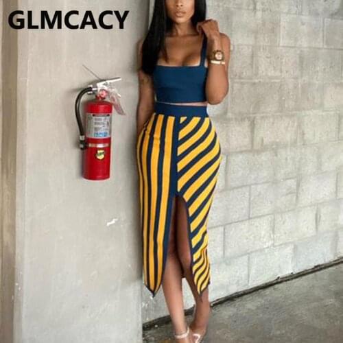 Two Piece Chic Striped Dress Suits Spaghetti Strap Crop Top & Slit Maxi Skirt Set