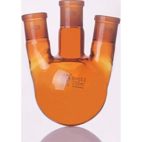 Brown Three-necked flask straight shape,with three necks standard grinding mouth,250ml,Middle joint 24/29,lateral joint 24/29