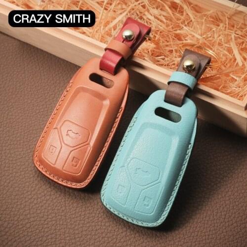 Crazy Smith Handmade Car Key Leather Cover for AUDI A4L/Q5L/A5/TTS/Q7 Vegetable Tanned Leather High Quality Fathers Day Gift