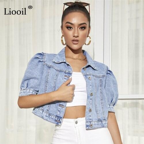 Liooil Puff Sleeve Cropped Vintage Womens Denim Jacket Button Up Light Blue Baggy Streetwear Jeans Jacket 2021 Autumn Outerwear