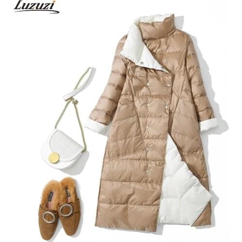 Luzuzi Women Double Sided Down Long Jacket Winter Turtleneck White Duck Down Coat Double Breasted Warm Parkas Female Outerwear