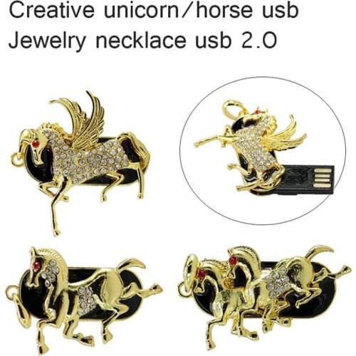 New Metal Crystal Lovely Unicorn Model usb 2.0 Pen Drive 8GB 16GB 32GB Diamond Horse Necklace Usb Flash Drive Memory Flash Stick