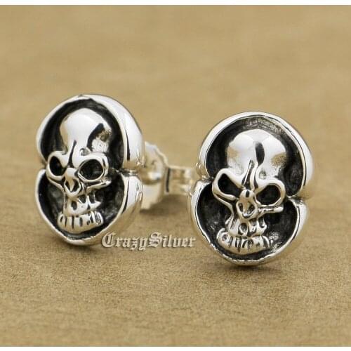 925 Sterling Silver Skull Mens Biker Rocker Punk Stud Earring 8R025