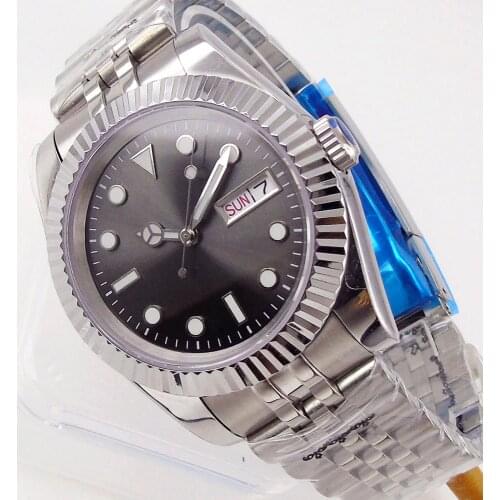 36mm/39mm Sapphire Mens Automatic Watch Japan NH36 Movement Gray Dial Day/Date Display Fix Bezel Jubilee Band Luminous