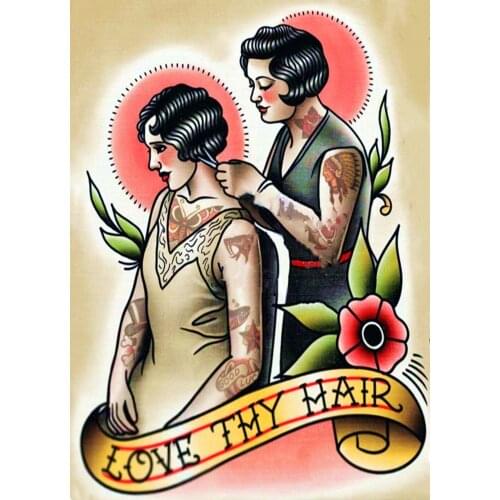 "LOVE THY HAIR" Tattoo Design Manuscript Painting Wall Art Retro Kraft Poster Wall Sticker Barber Shop Home Decor