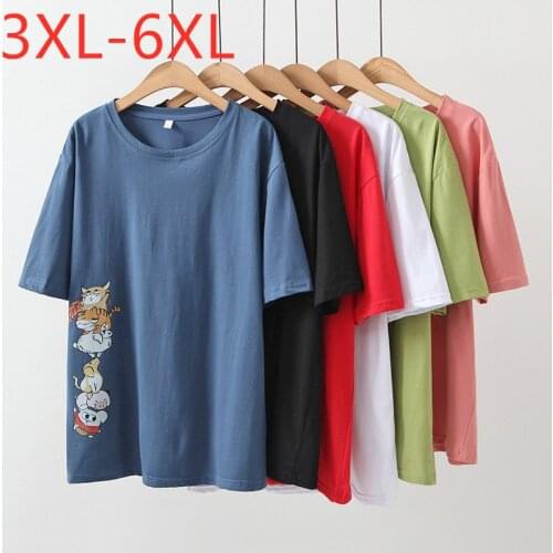 New 2021 Ladies Summer Plus Size Tops For Women Large Short Sleeve Loose Print Cartoon Blue White Cotton T-shirt 3XL 4XL 5XL 6XL