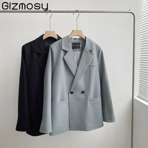 Gizmosy Solid Color Elegant Blue Blazer Women Jacket Autumn Female Korean Style Loose V-neck Long Sleeve Cardigan Casual Coat
