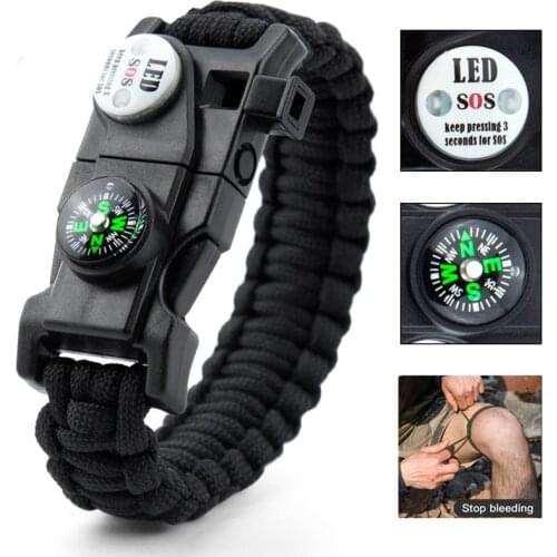 Braided Bracelet Men SOS LED Light Survival Bracelet Paracord Camping Hiking EDC Tool Emergency Compass Whistle