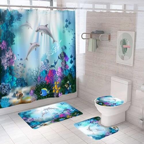 Underwater World Print Shower Curtain Carpet Cover Toilet Cover Bath Mat Pad mat Anti Slip Set Bathroom Curtain with 12 Hooks