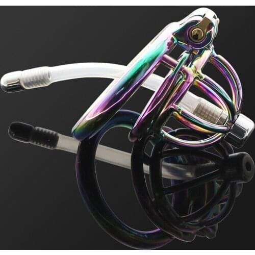 Stainless Steel Rainbow Cock Cage with Urethral Catheter Erotic Chastity Device lockin Penis Cock Ring Sex Adlult bdsm Toys