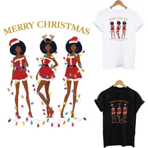 Christmas Black Girl Patches For Clothes DIY Washable Women T-shirt Hoodies Iron On Transfer For Clothing Thermal Sticker Decor