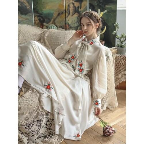 Summer Spring Shirts Women Vintage Elegant Mori Girl Sweet Long Sleeve Embroidery Casual Loose AllMatch Shirts Blouses With Ties